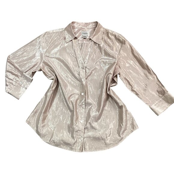 Chico's 3 (XL/16) Dressy Cotton Metallic Silk Button Up Top 60Y - Picture 1 of 9